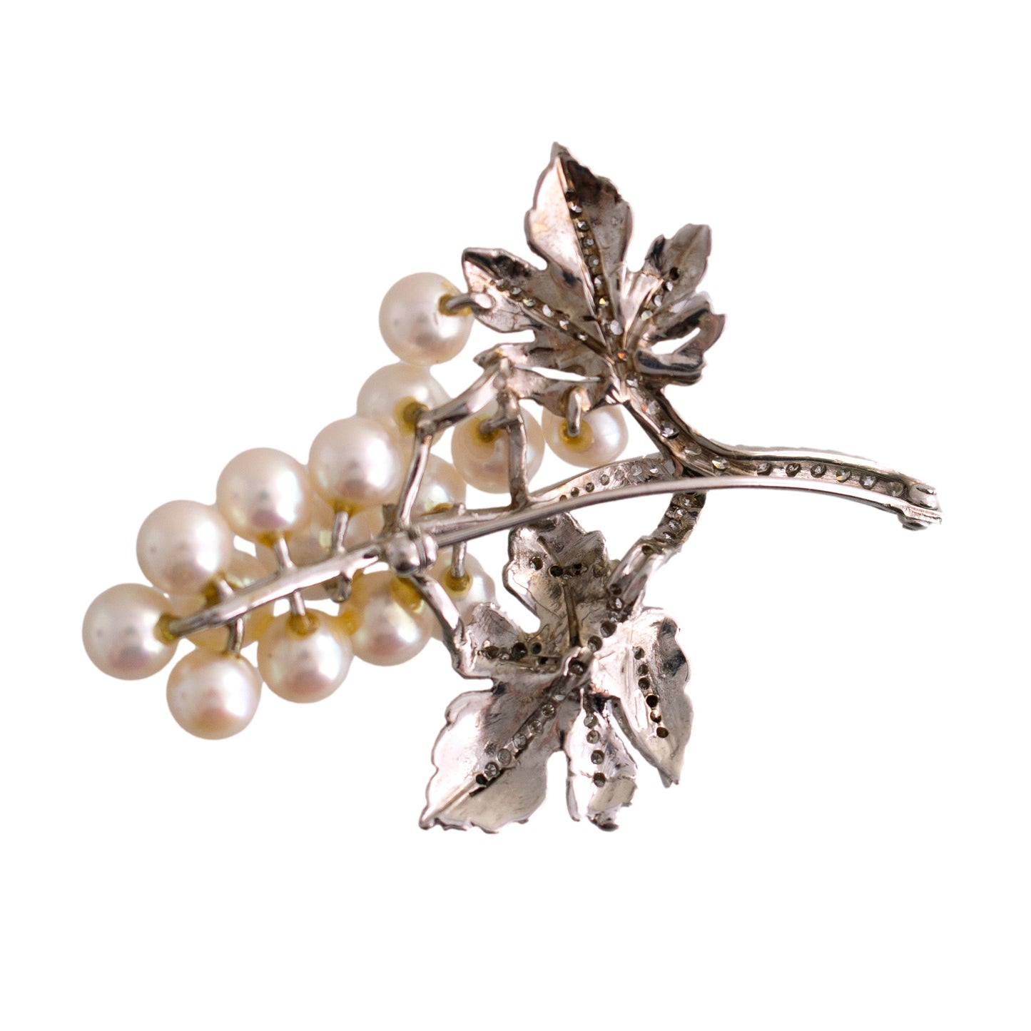 14K White Gold Cultured Pearl and Diamond Grape Brooch