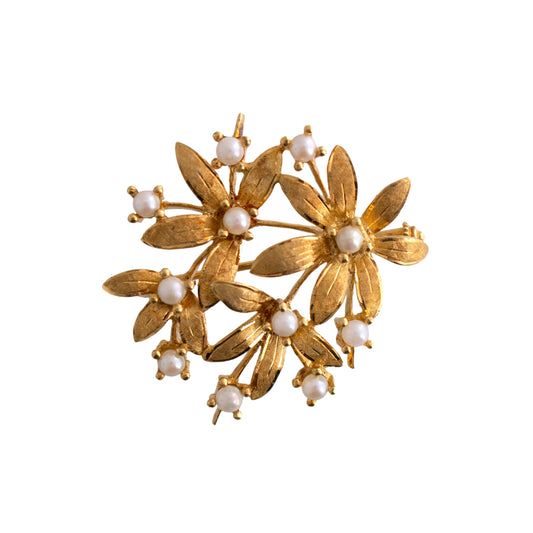 18K Gold Floral Pearl Brooch