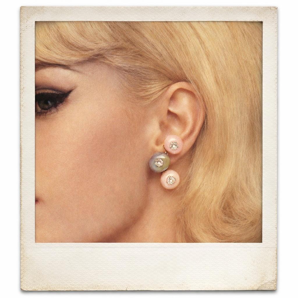 14k yellow gold Gray and White Freshwater Pearl and Diamond Curved Earrings