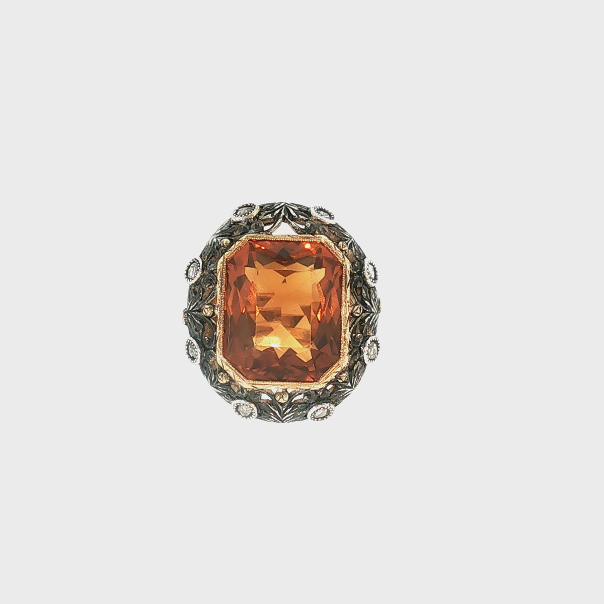 Early 20th-Century Silver Over 16 Karat Gold Citrine and Diamond Ring