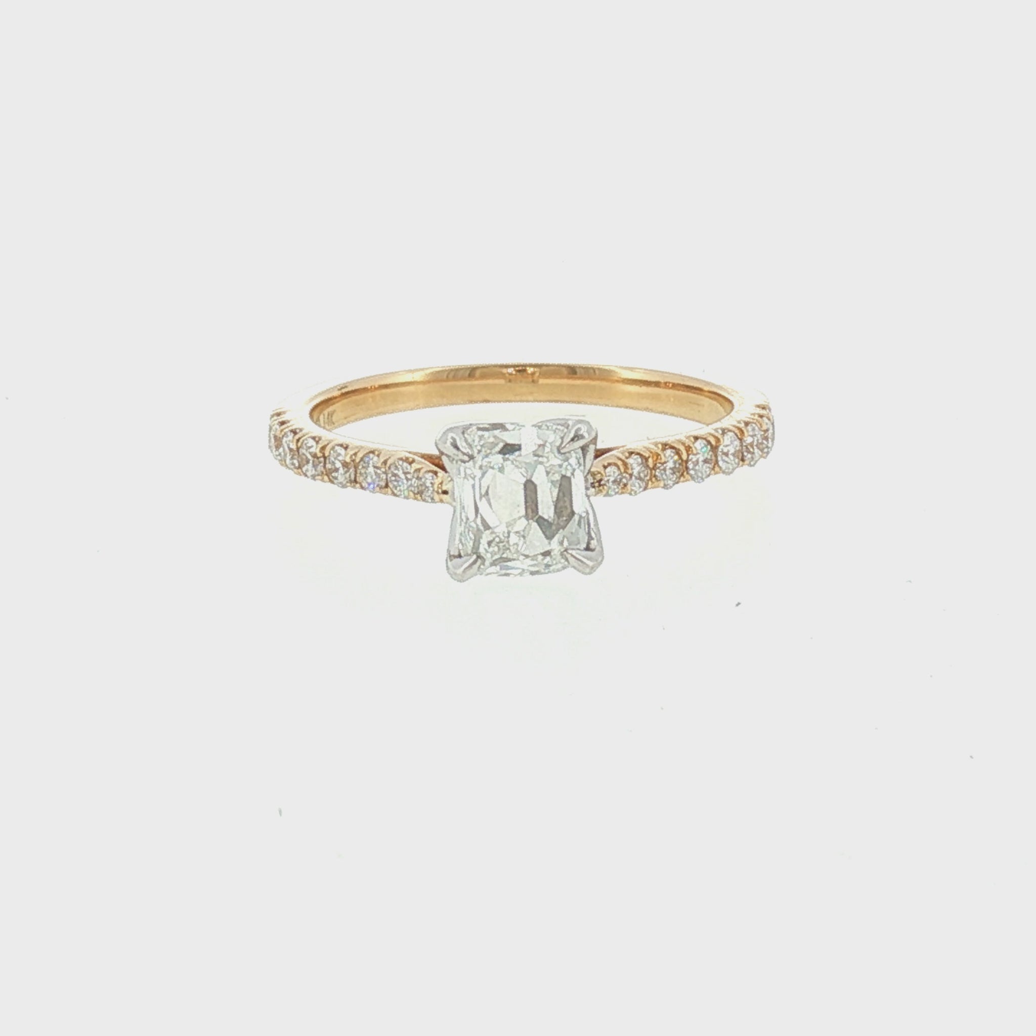 Delicate 14K Old Mine Cushion Cut Diamond Engagement Ring with 16 Side Diamonds