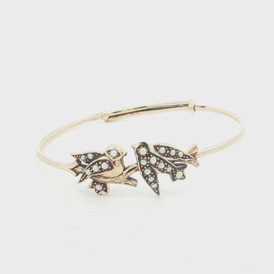 9 karat yellow gold Love Birds with Seed Pearls bangle bracelet