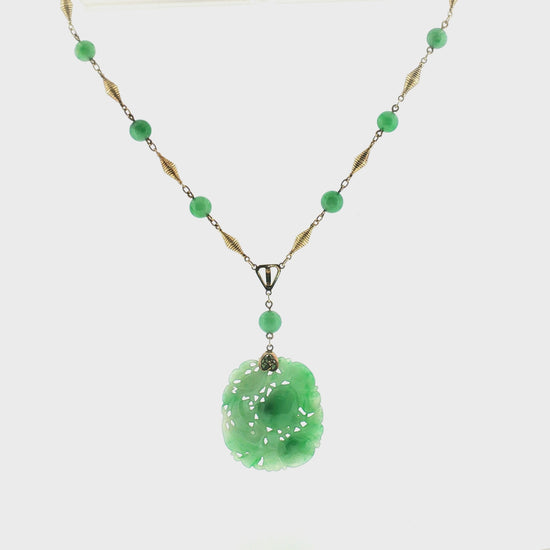 1930's 14k Yellow Gold Carved Jadeite Station Style Necklace
