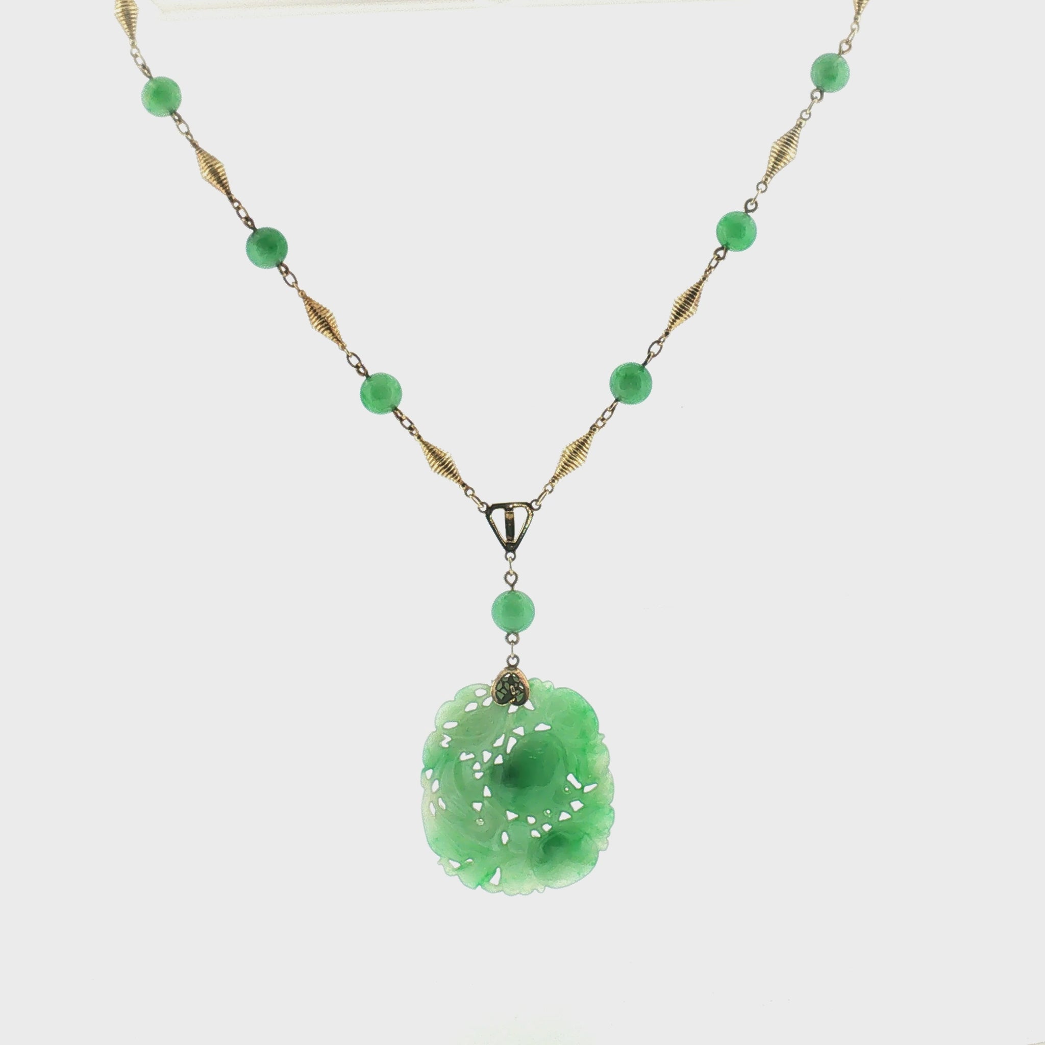 1930's 14k Yellow Gold Carved Jadeite Station Style Necklace
