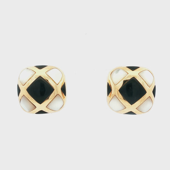 Mother of pearl and onyx inlayed 18k yellow gold button earrings