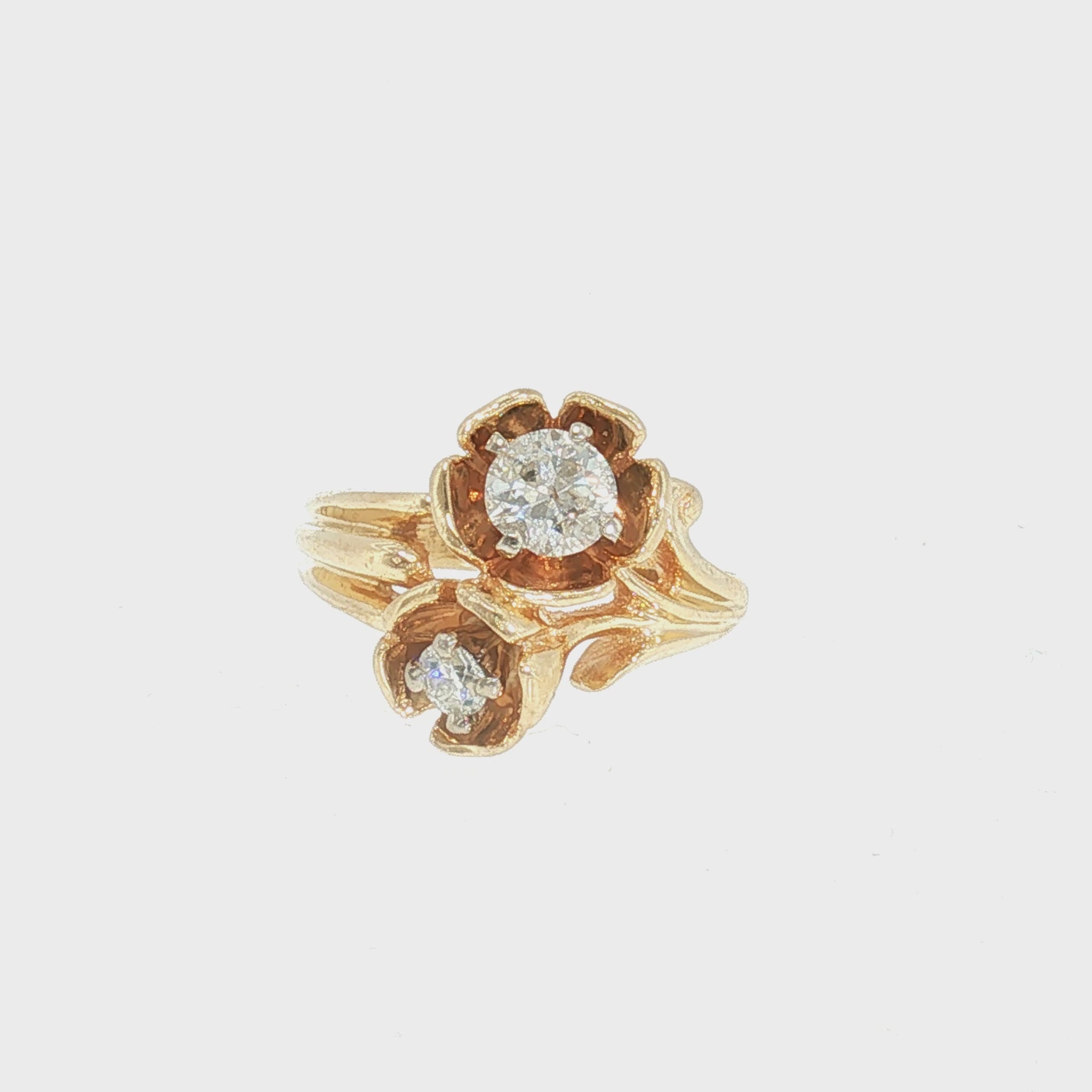 Mid-century 14k Yellow Gold Two Natural Diamond Offset Floral Design Ring