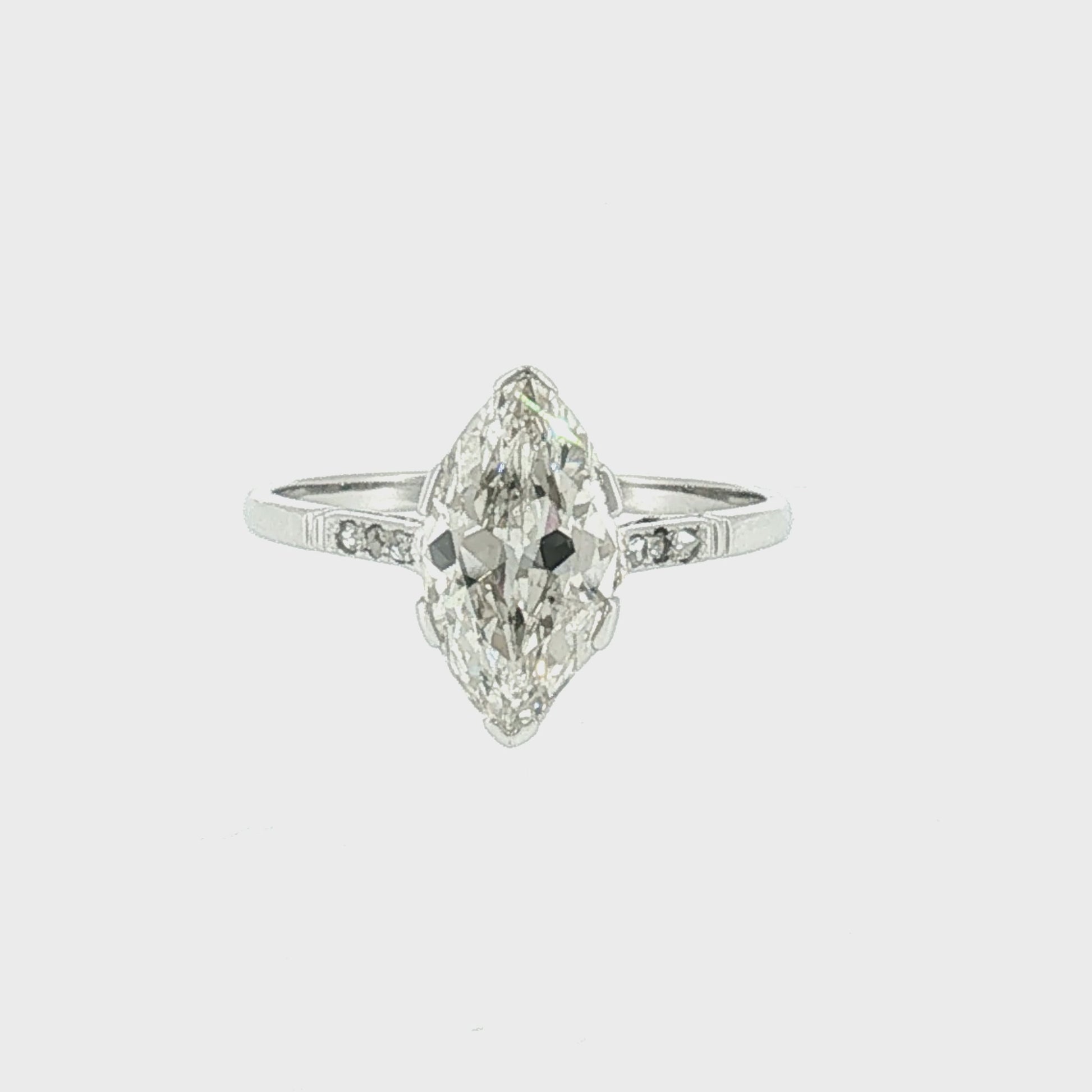 1920's Platinum 1.77ct Marquise Diamond with 6 Rose Cut Side Diamonds