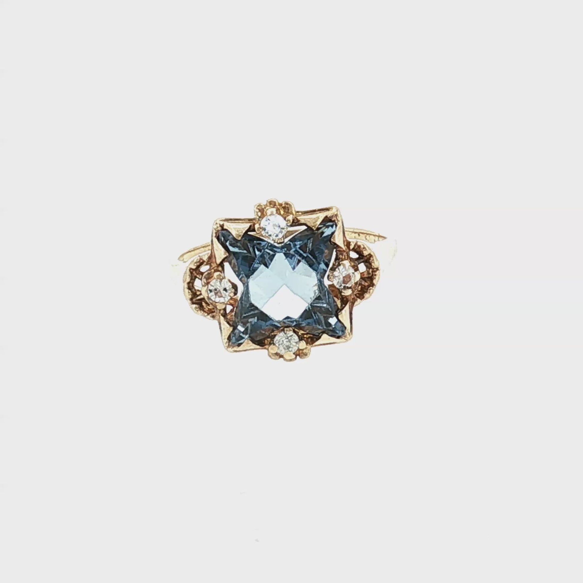 Mid-Century 10k Yellow Gold Synthetic Blue Spinel Birthstone Ring