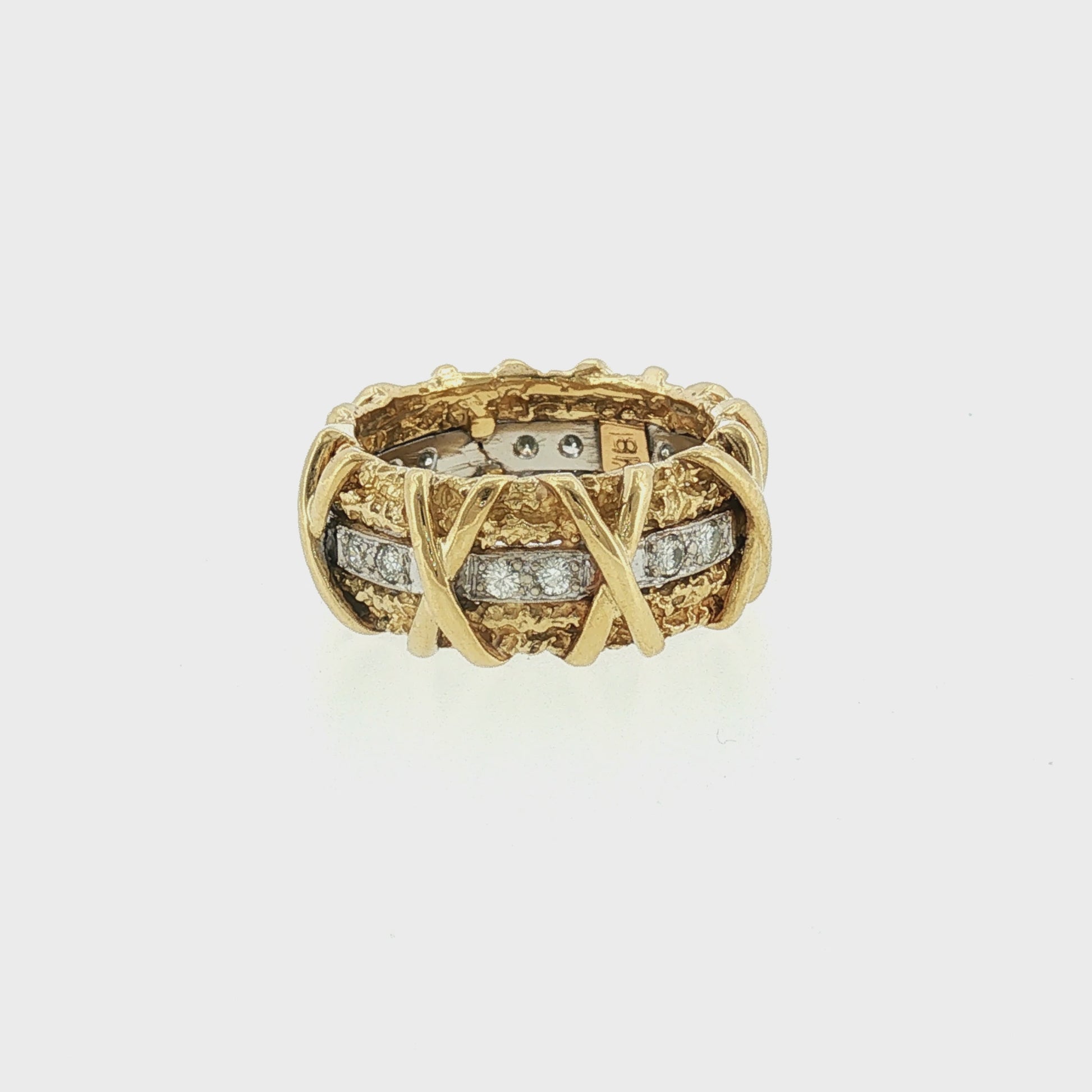 1970's 18 karat and Diamond X-design Wide Textured Band ring