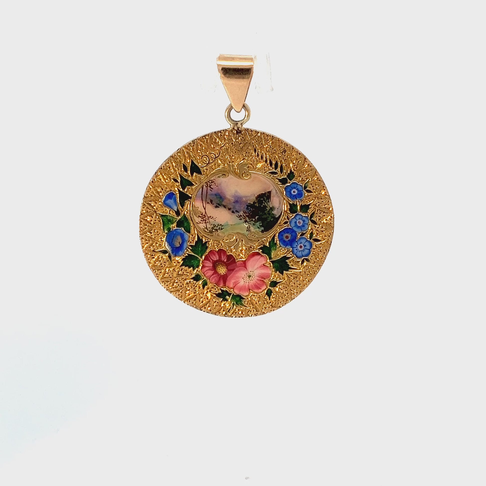 Art Nouveau Floral Enameled Pendant on Chain