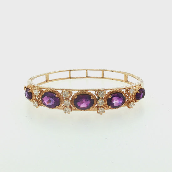 Mid-century 13k Yellow Gold Amethyst and Diamond Hinged Bracelet