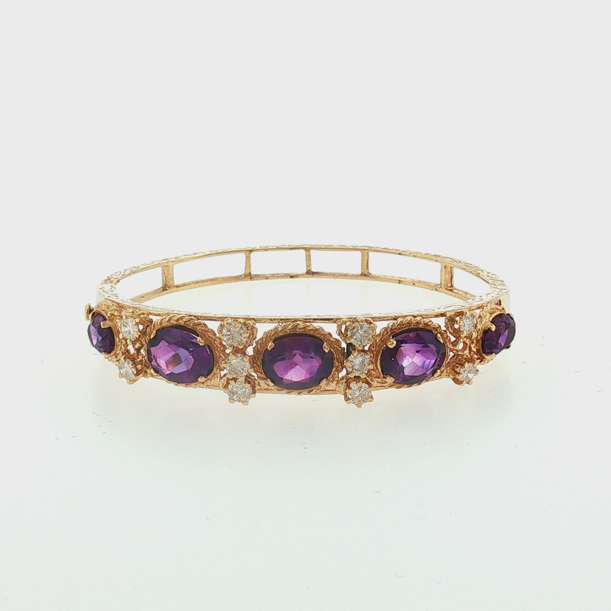 Mid-century 13k Yellow Gold Amethyst and Diamond Hinged Bracelet
