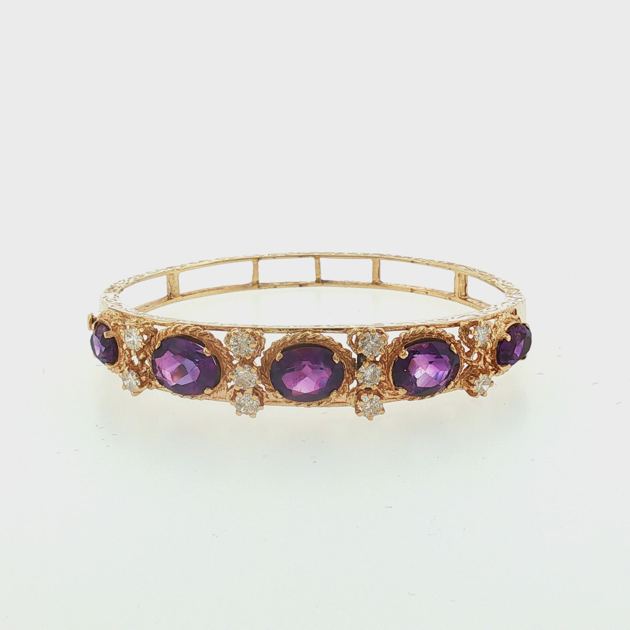 Mid-century 13k Yellow Gold Amethyst and Diamond Hinged Bracelet