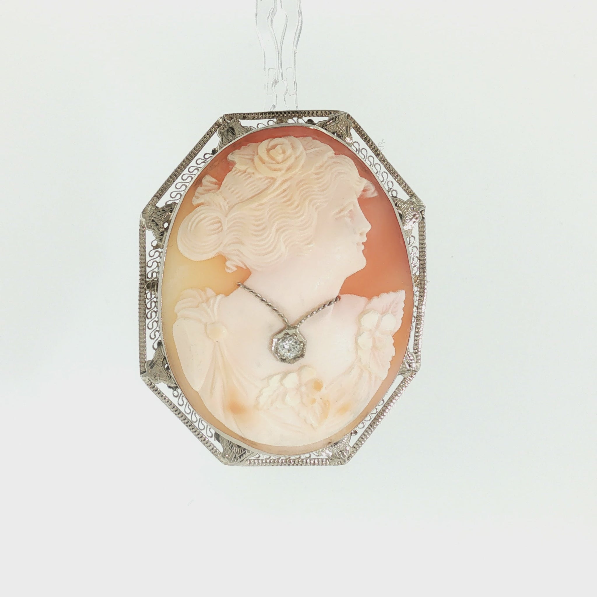 1930s 14 Karat White Gold Habille Shell Cameo Brooch