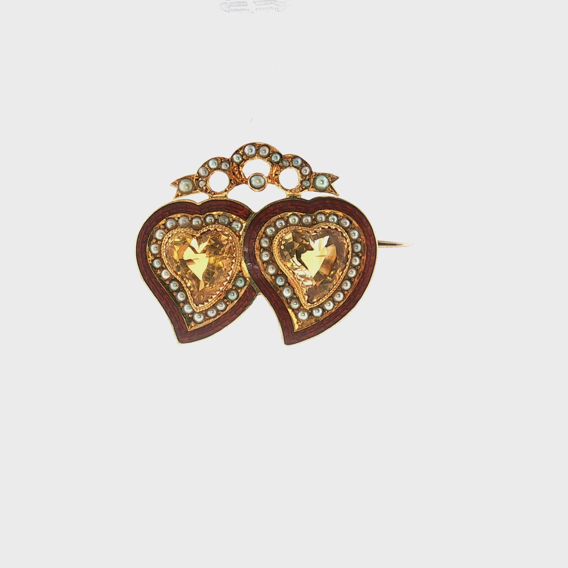 Late Victorian Basse-taille Enamel Topaz and Seed Pearl Double Heart Pin