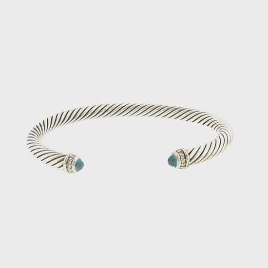 Modern Yurman Sterling Silver, Blue Topaz and Diamond Classic Cable Bracelet