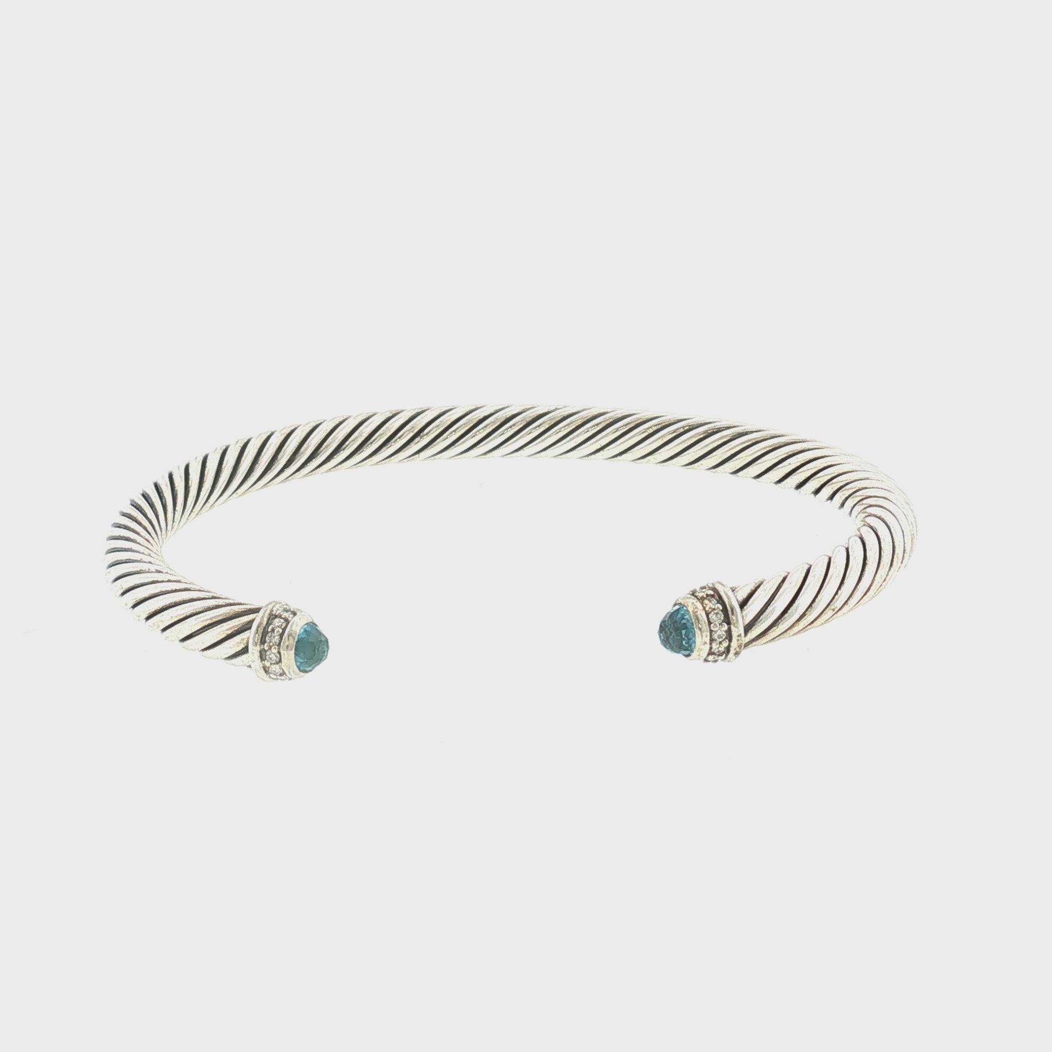 Modern Yurman Sterling Silver, Blue Topaz and Diamond Classic Cable Bracelet