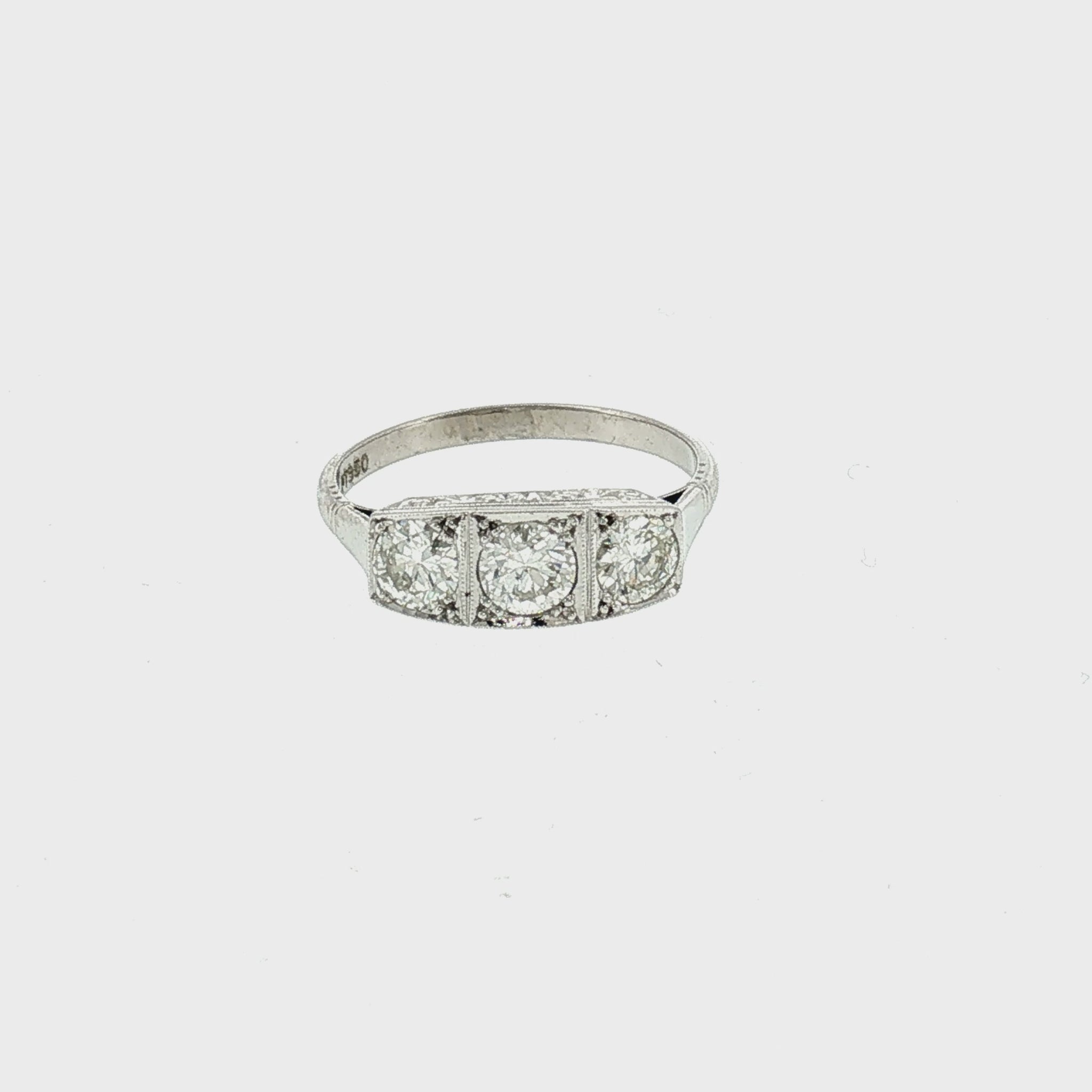 Art Deco Platinum 3 Old European Cut Diamond Ring
