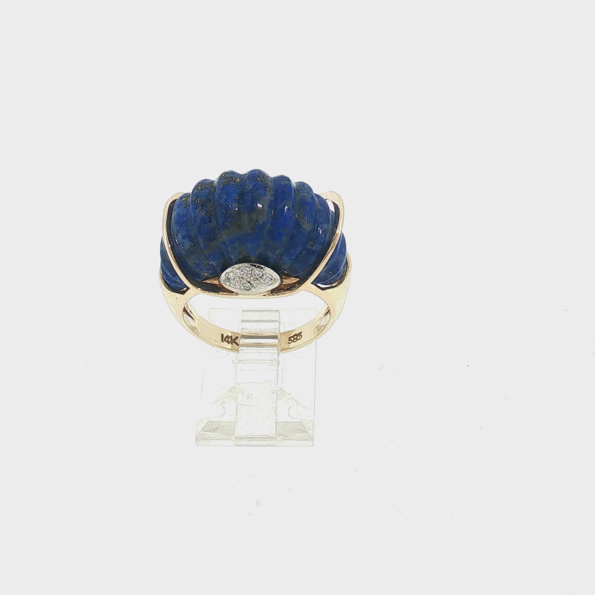 Mid Century 14k Yellow Gold Carved Lapis and Diamond Dome Ring