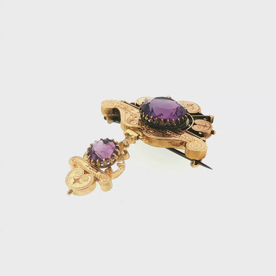 Late Victorian 14k Yellow Gold Hand Engraved Amethyst Brooch