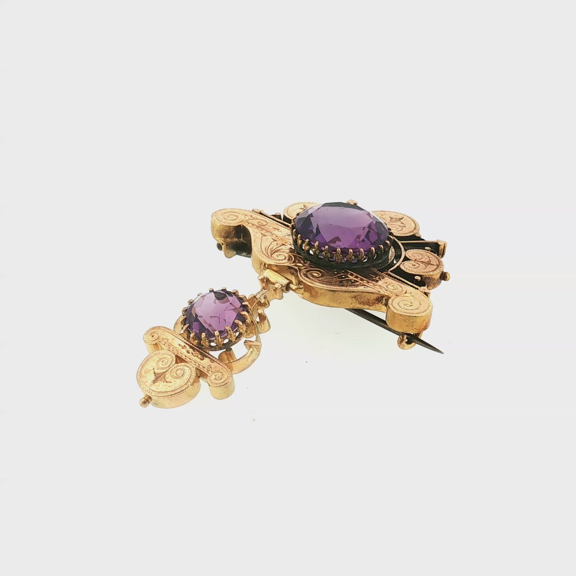 Late Victorian 14k Yellow Gold Hand Engraved Amethyst Brooch