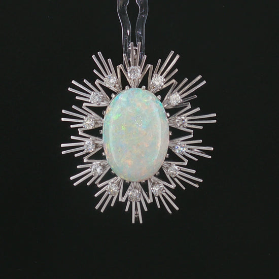 1960s 18 Karat White Gold 10 Carat Fine White Opal and Diamond Pin/ Pendant