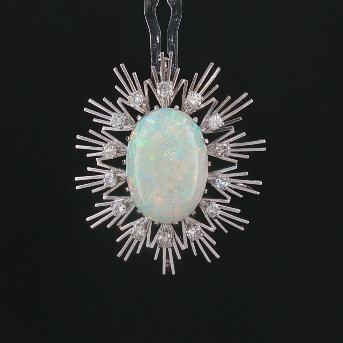 1960s 18 Karat White Gold 10 Carat Fine White Opal and Diamond Pin/ Pendant