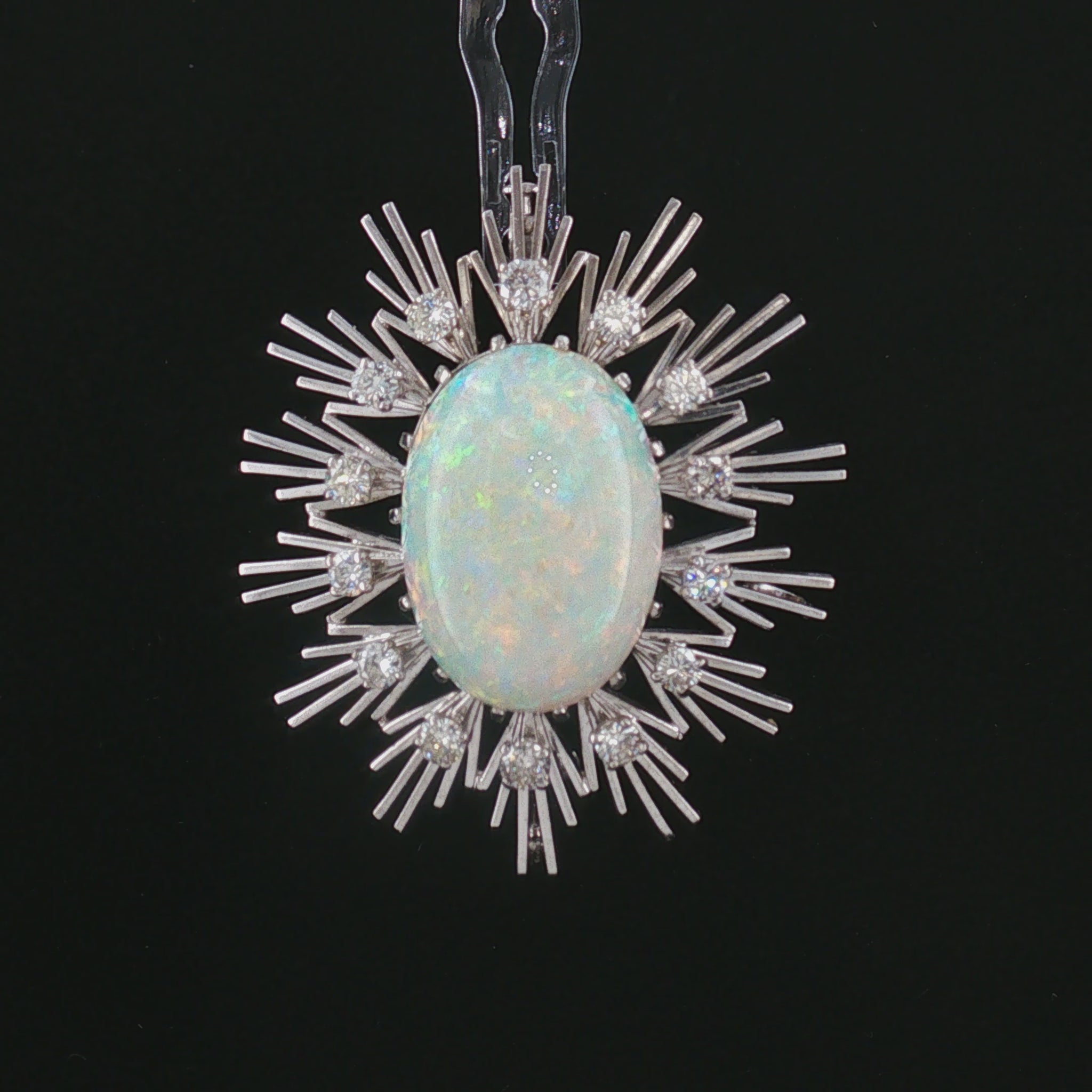 1960s 18 Karat White Gold 10 Carat Fine White Opal and Diamond Pin/ Pendant