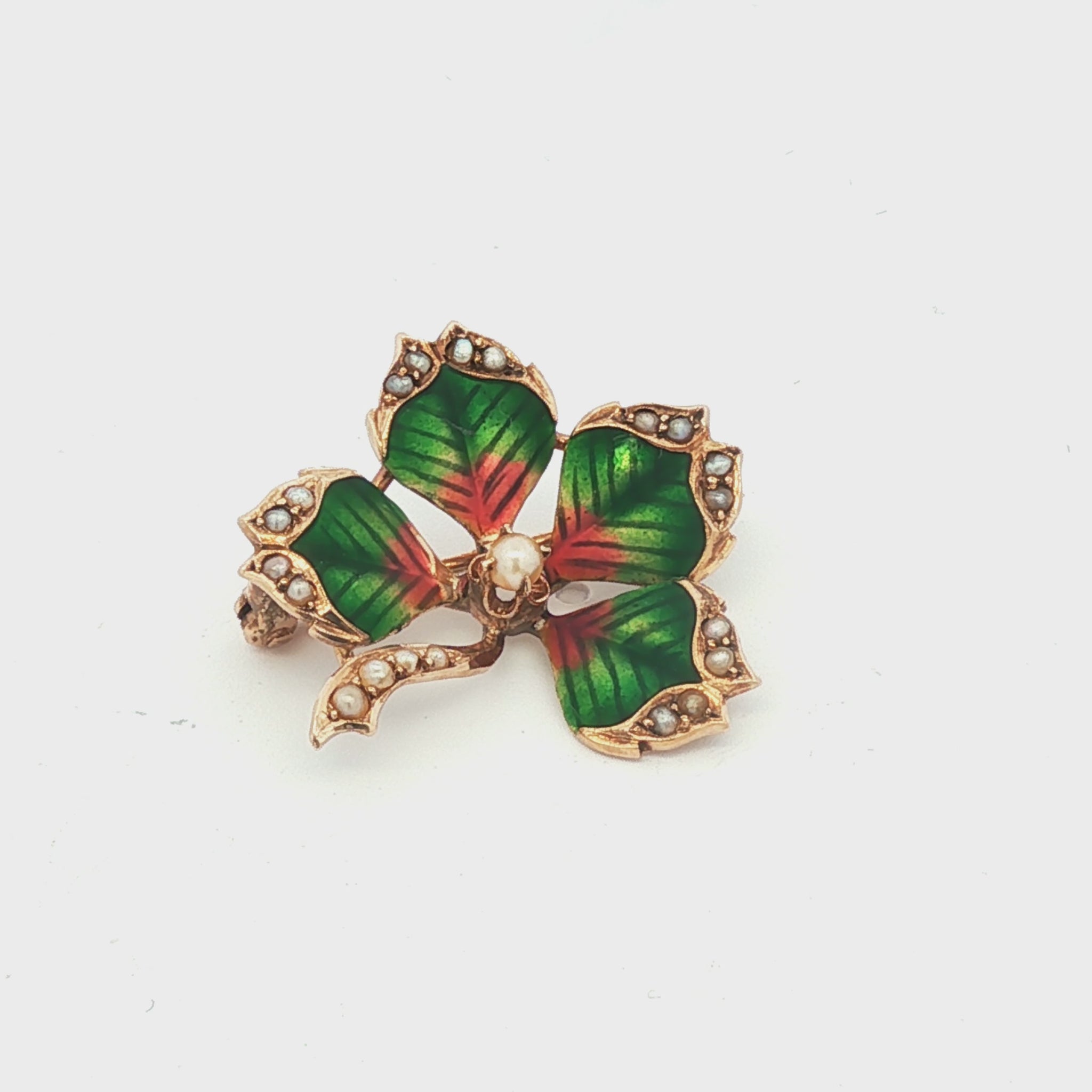 Art Nouveau 10K Opalescent Enamel 4 Leaf Clover with Seed Pearls Pin