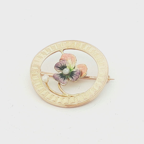 10k yellow gold small enameled pansy circle pin with two seed pearls