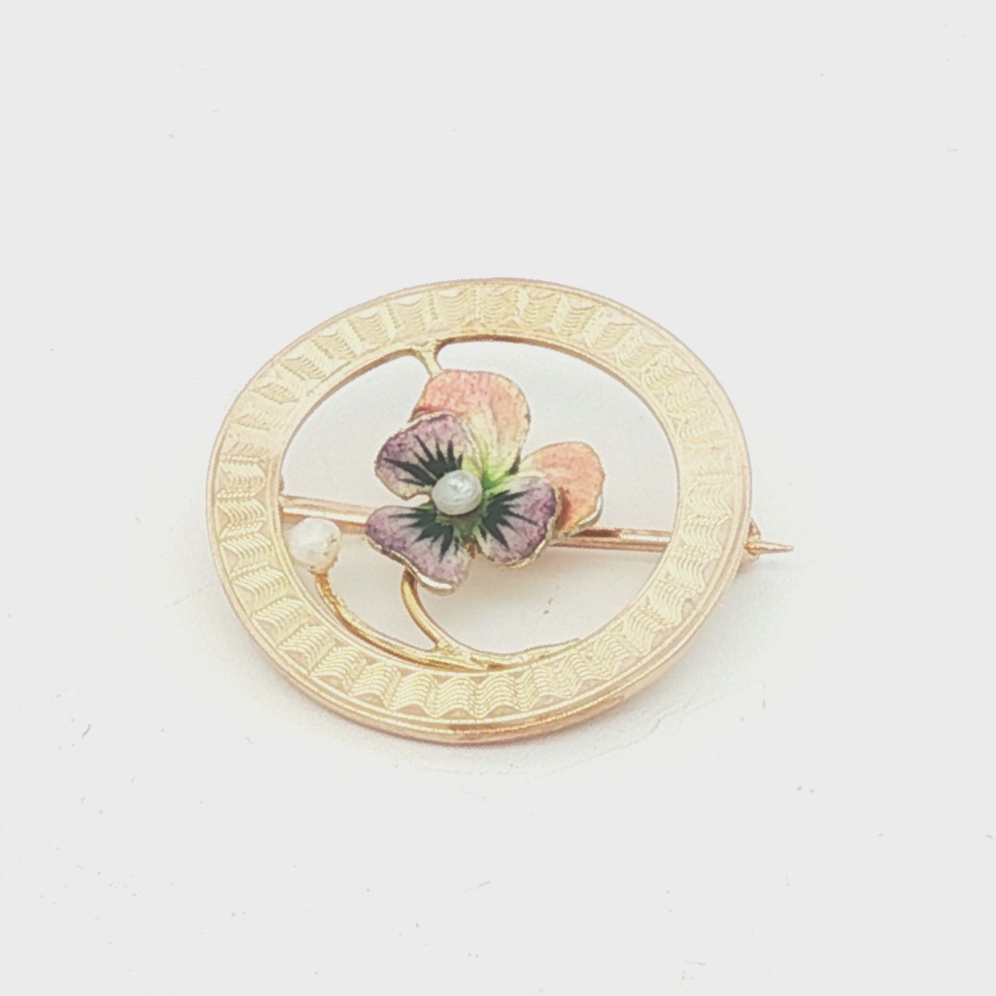 10k yellow gold small enameled pansy circle pin with two seed pearls