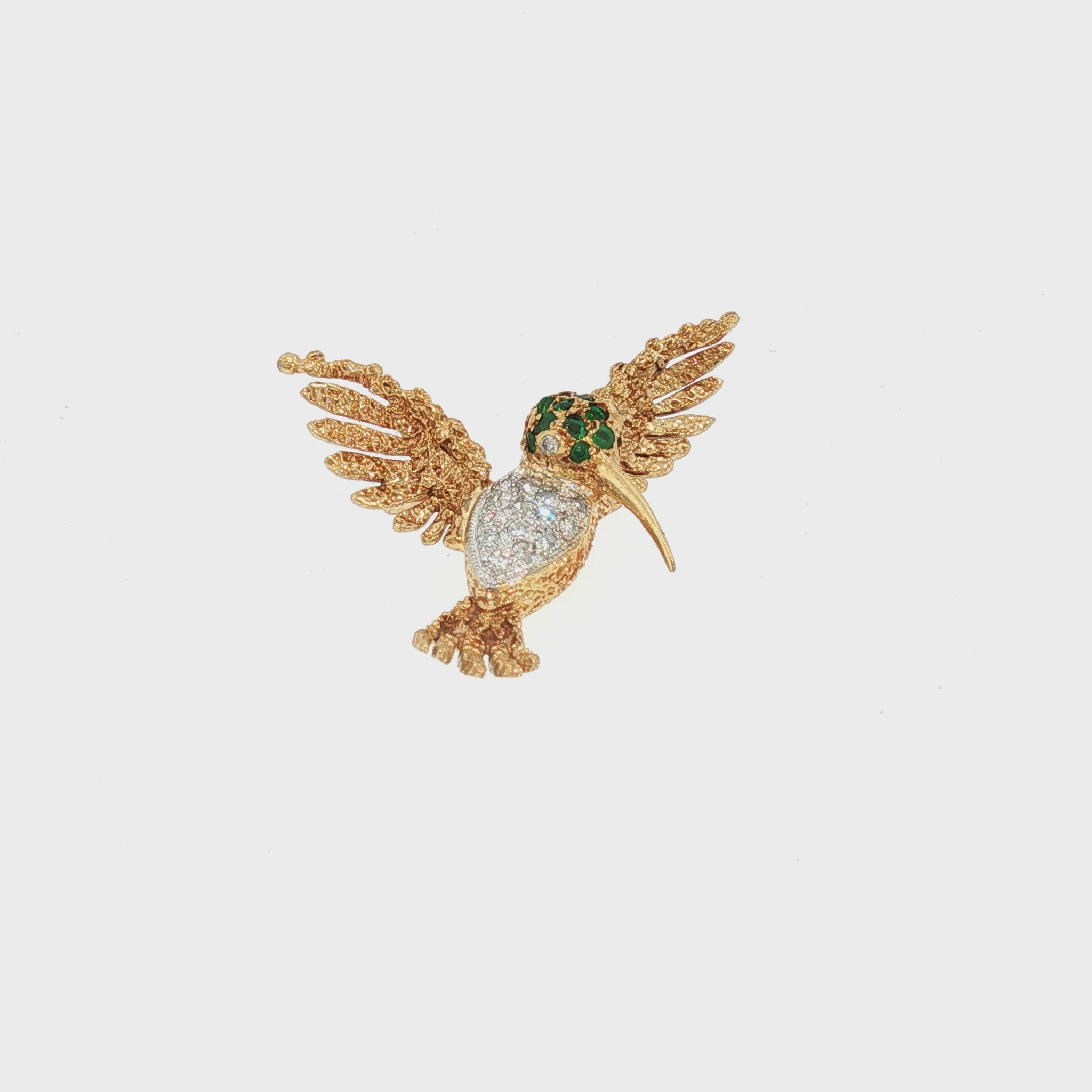 Mid-Century 18k yellow gold Emerald and Diamond Hummingbird Pin