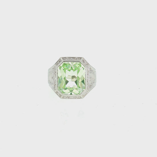 Mid-century 10k White Gold Synthetic August Birthstone Hand-engraved Ring