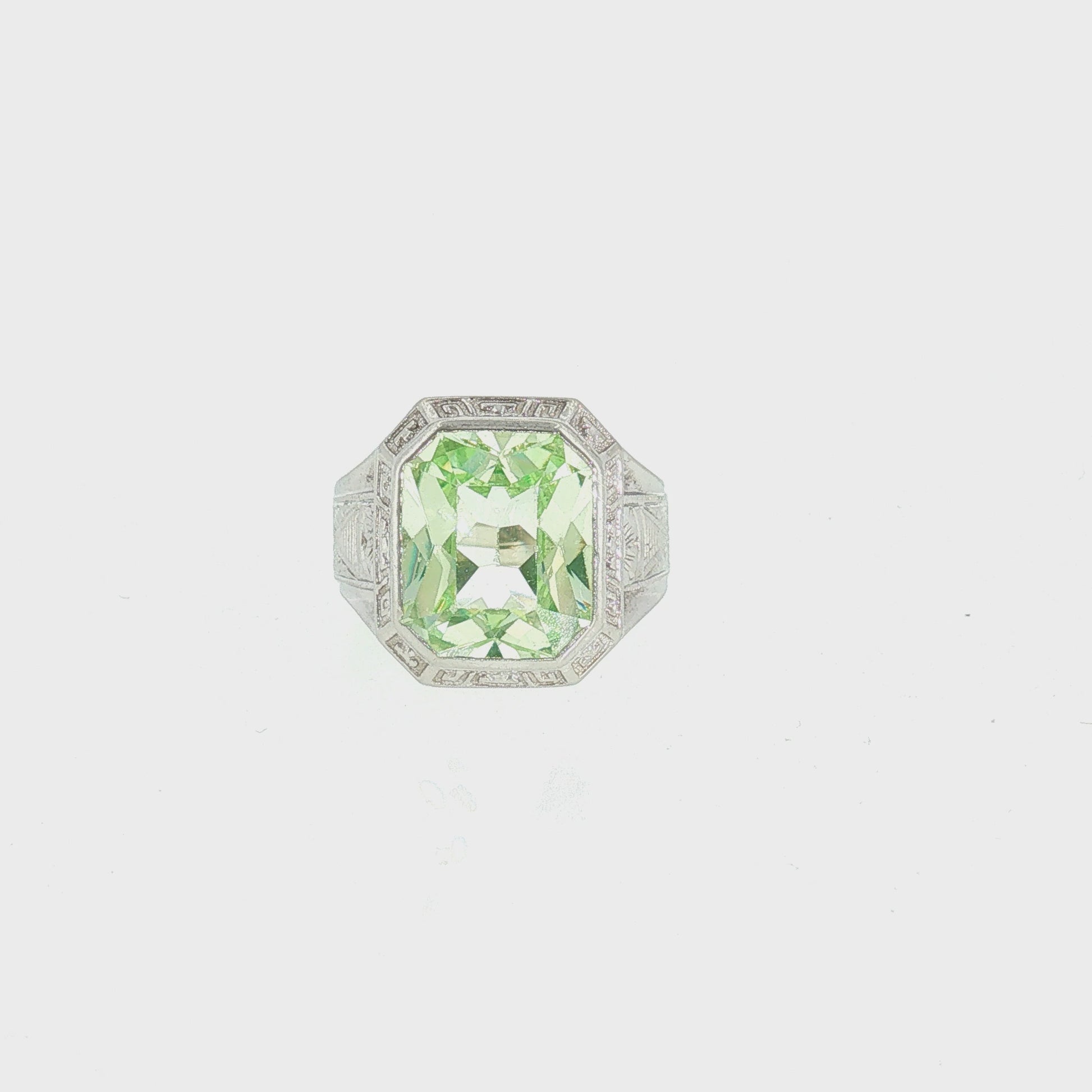 Mid-century 10k White Gold Synthetic August Birthstone Hand-engraved Ring
