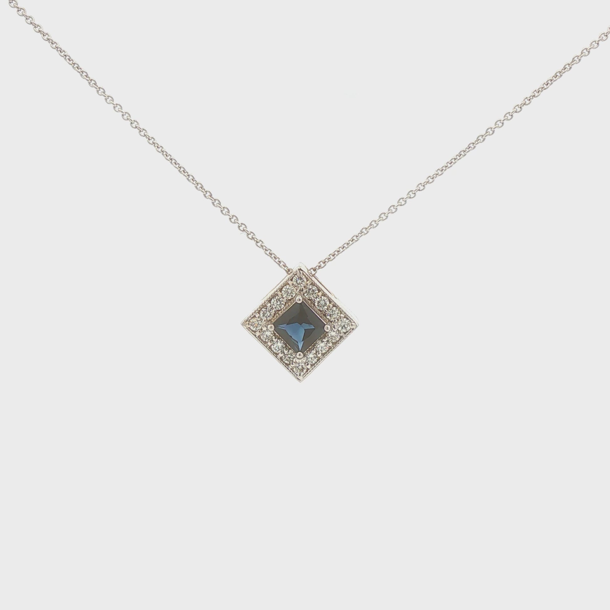 14K White Gold Sapphire and Diamond Square Pendant