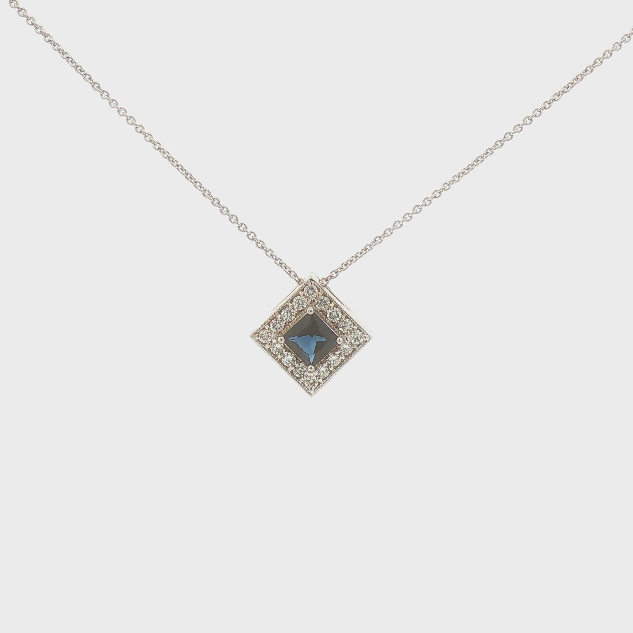 14K White Gold Sapphire and Diamond Square Pendant