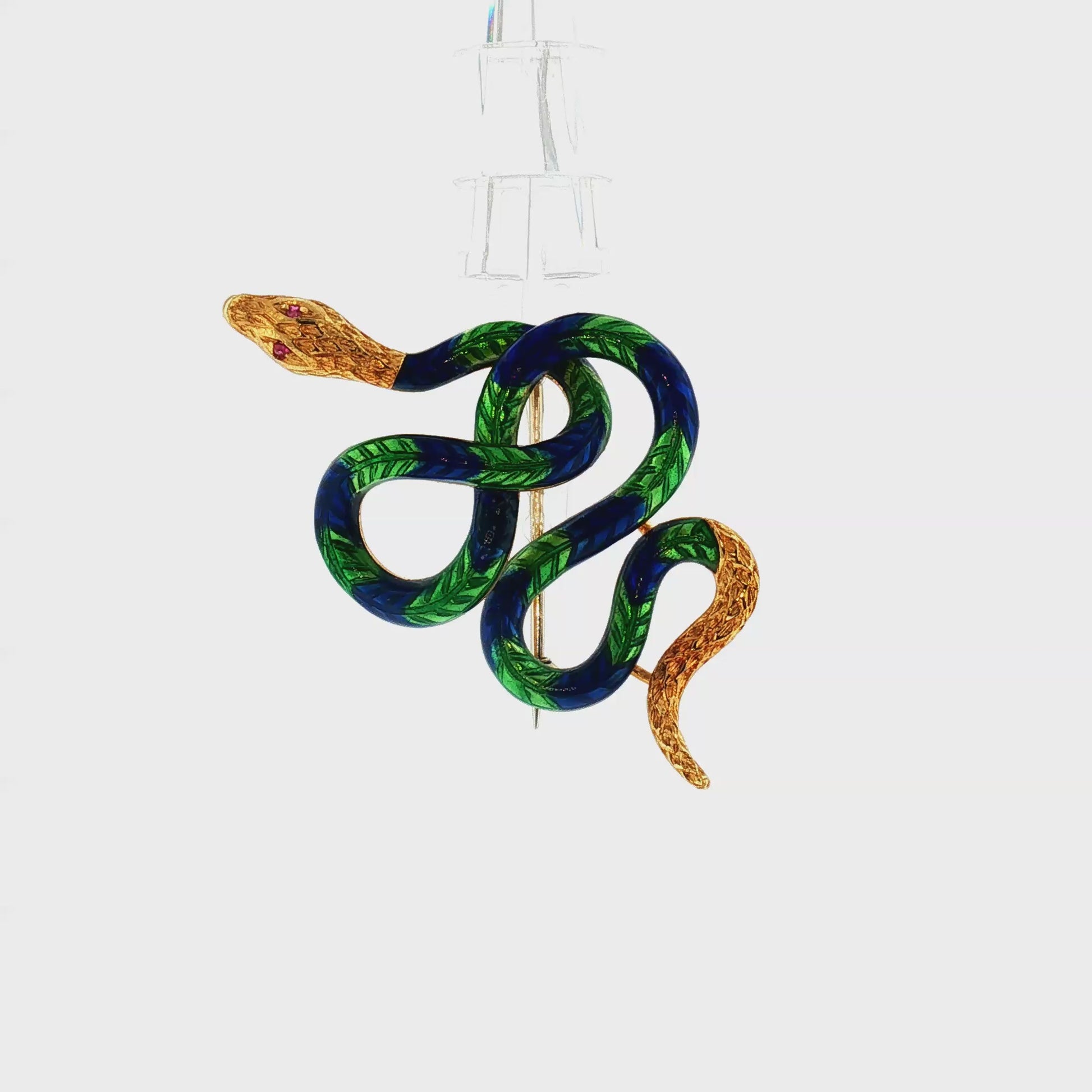 Mid-Century 18k Blue and Green Enameled Snake Pin