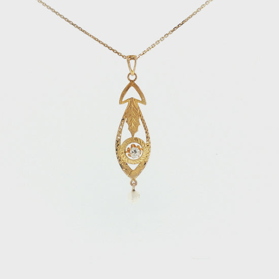 Victorian 9k Old Mine Cut Diamond and Natural Pearl Hand-engraved Lavalier