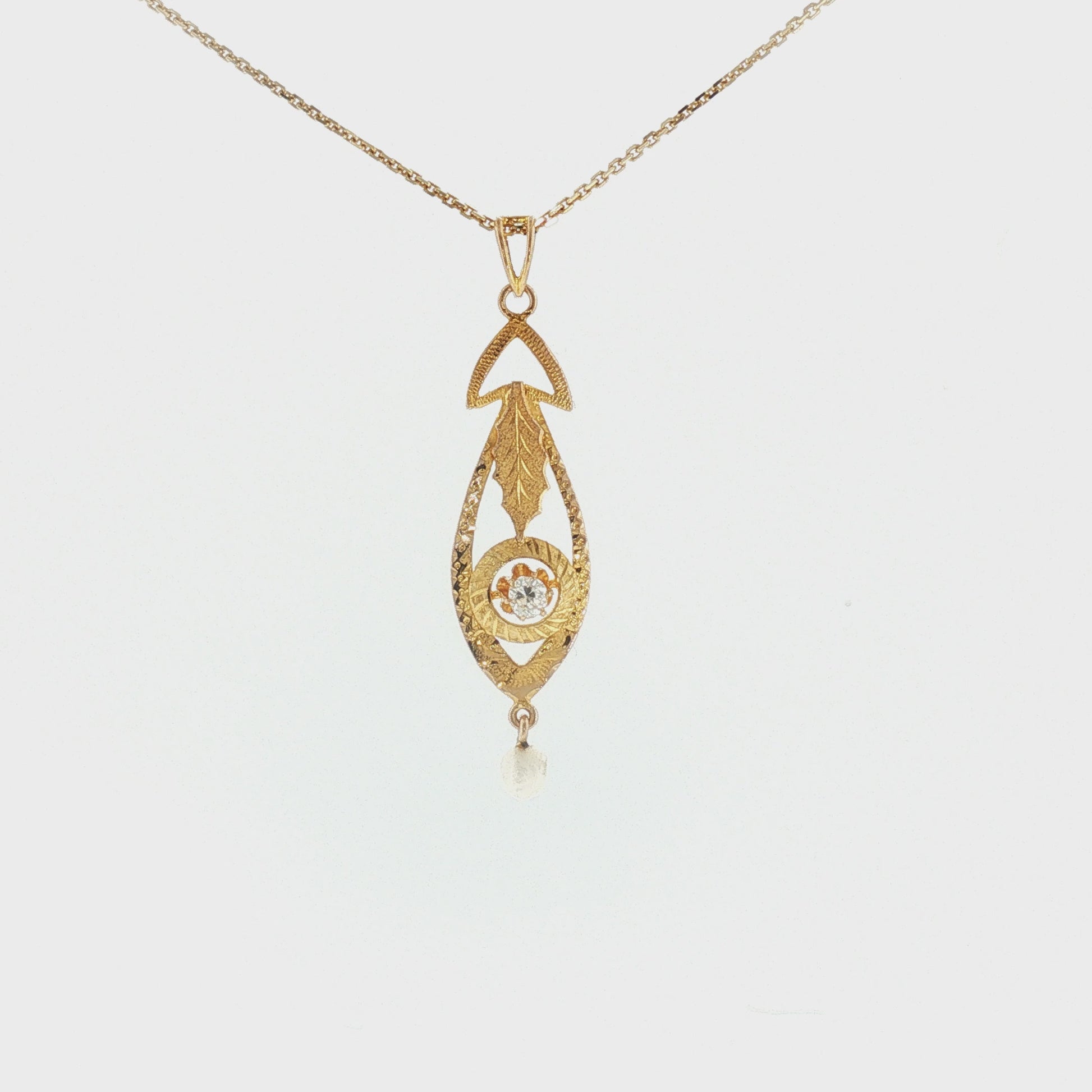 Victorian 9k Old Mine Cut Diamond and Natural Pearl Hand-engraved Lavalier