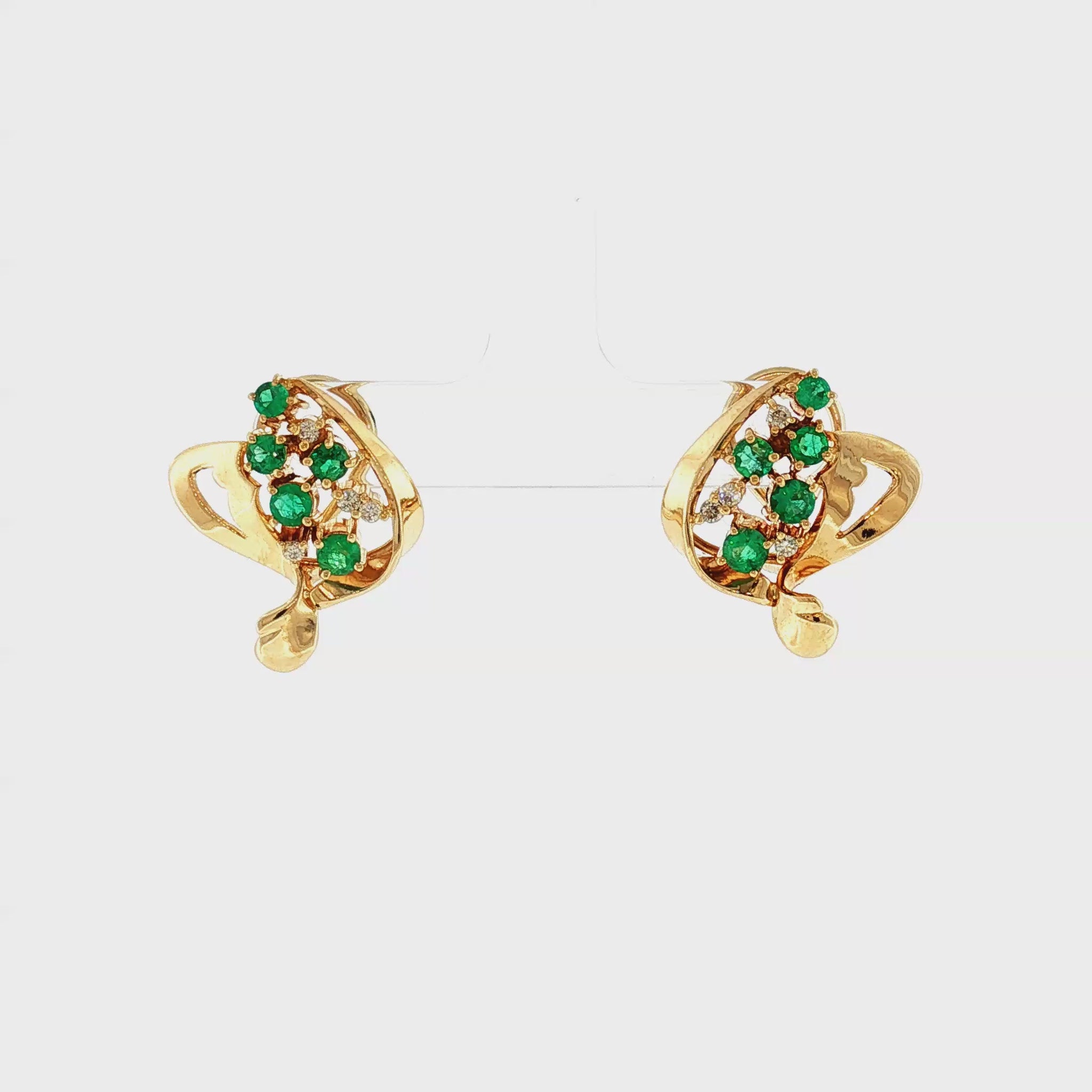 1960's 18k Yellow Gold Emerald and Diamond Stylized Earrings
