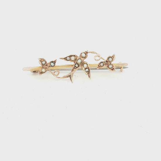 9 karat yellow gold Victorian Seed Pearl Sparrow and Leaf pin