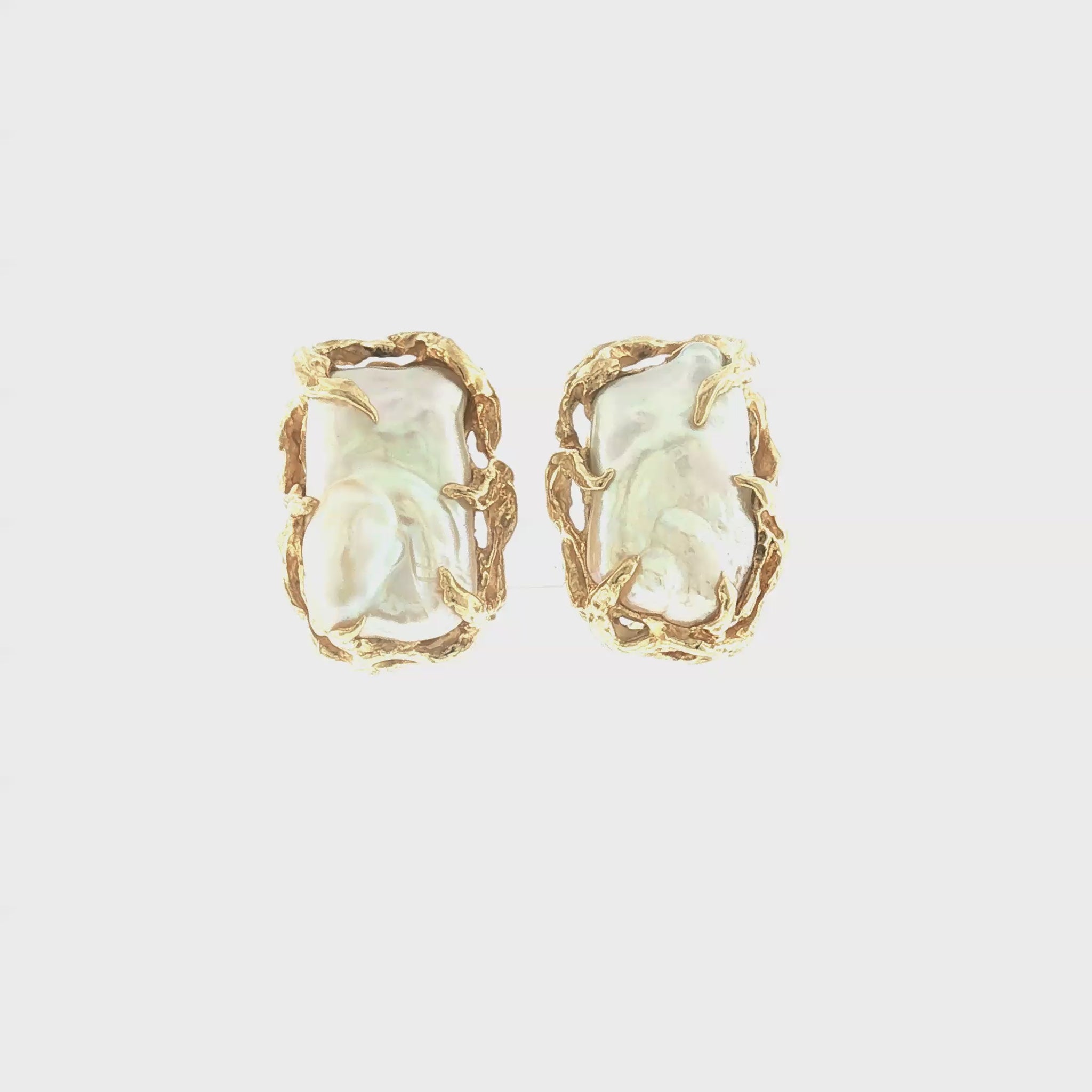 Mid-Century Brutalist 18k Yellow Gold Baroque Pearl Earrings