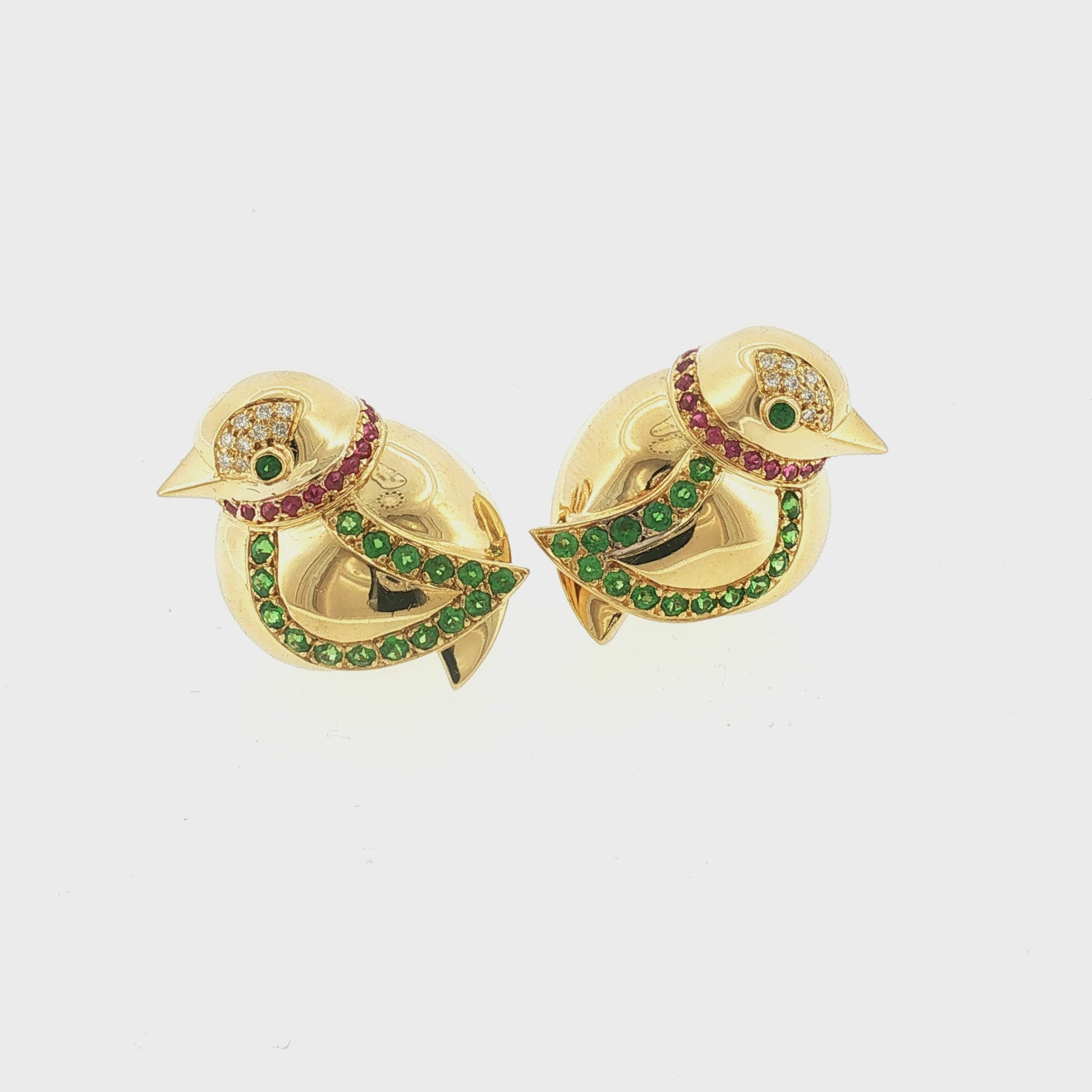 Late 20th Century 18k Yellow Gold Tsavorite, Ruby and Diamond Bird Earrings
