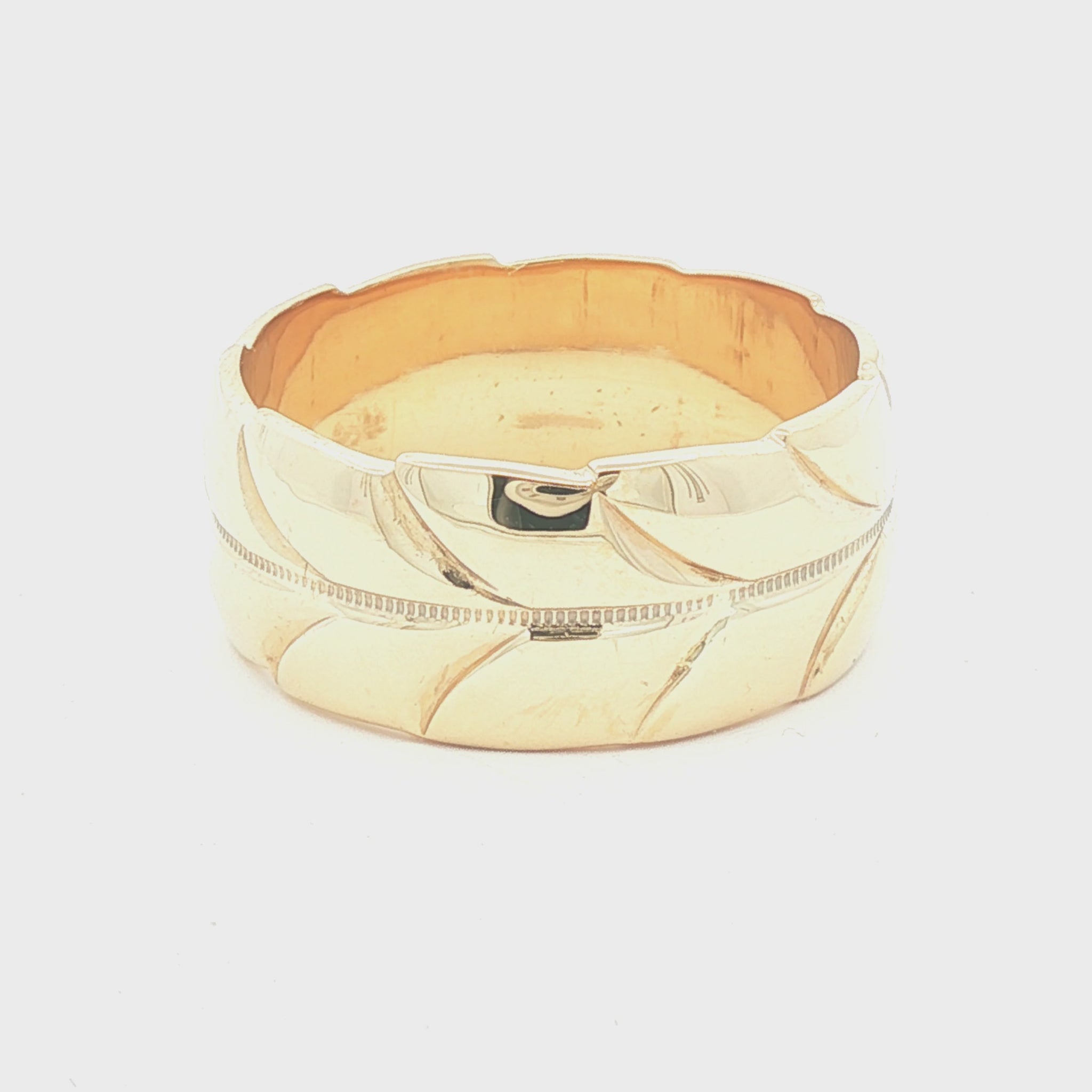 14k yellow gold 9mm Wide Carved Leaf Pattern Band