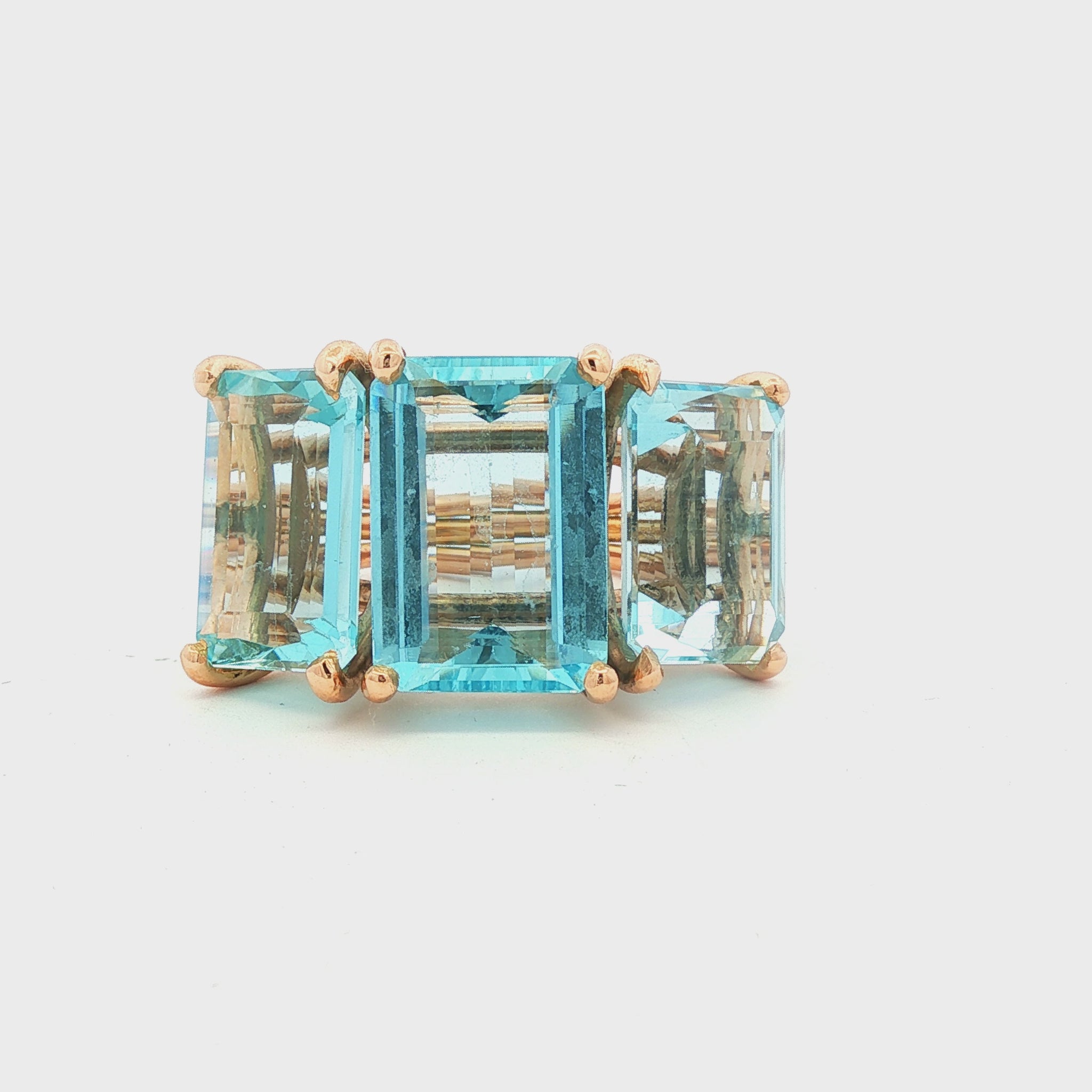 1940's Retro 18k Rose Gold 3 Emerald Cut Aquamarine Dinner Ring