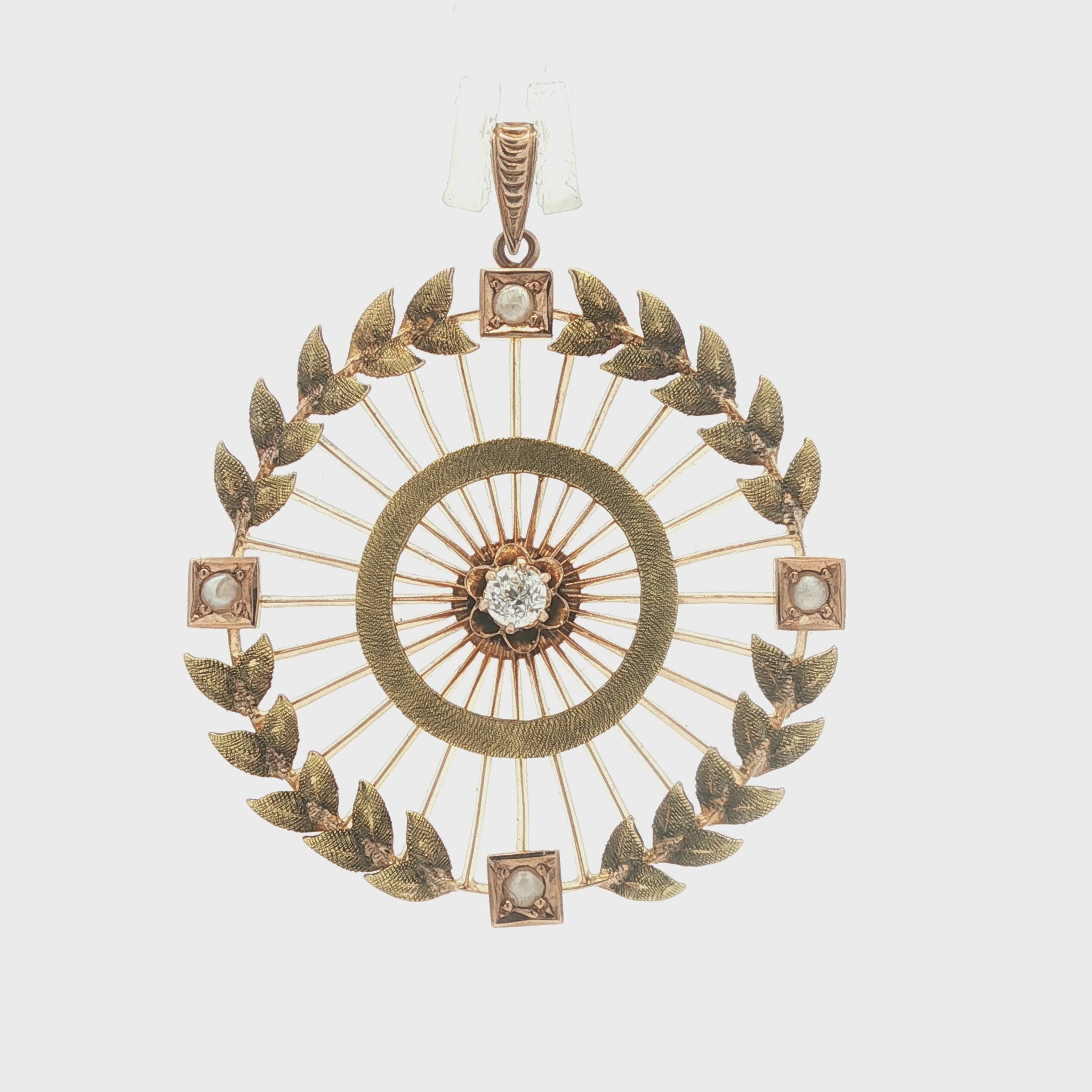 10 karat Victorian Laurel Wreath Pearl and Diamond Pendant