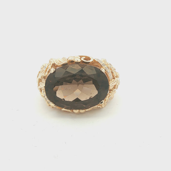 Vintage Floral Design Smoky Quartz and Diamond 14k yellow gold Ring
