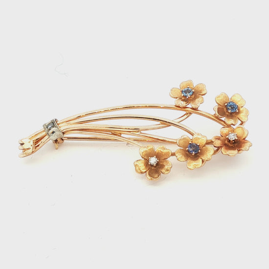 Victorian 14k yellow Sapphire and Diamond Flower Spray Pin