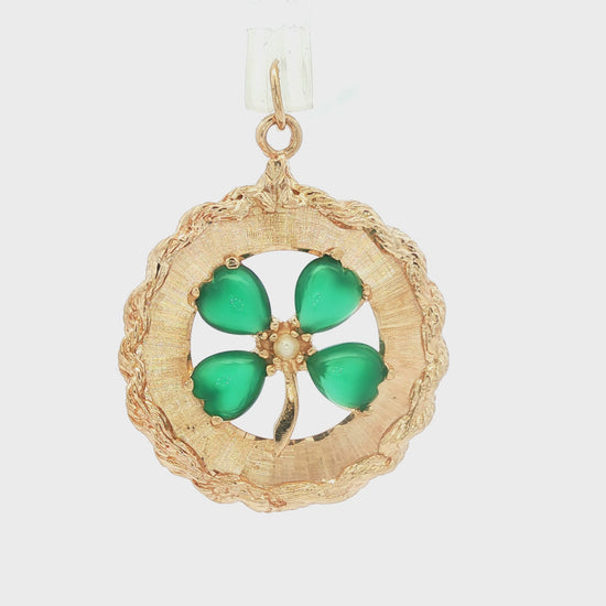 Vintage Four-leaf Clover Charm with Green Onyx and a Cultured Pearl
