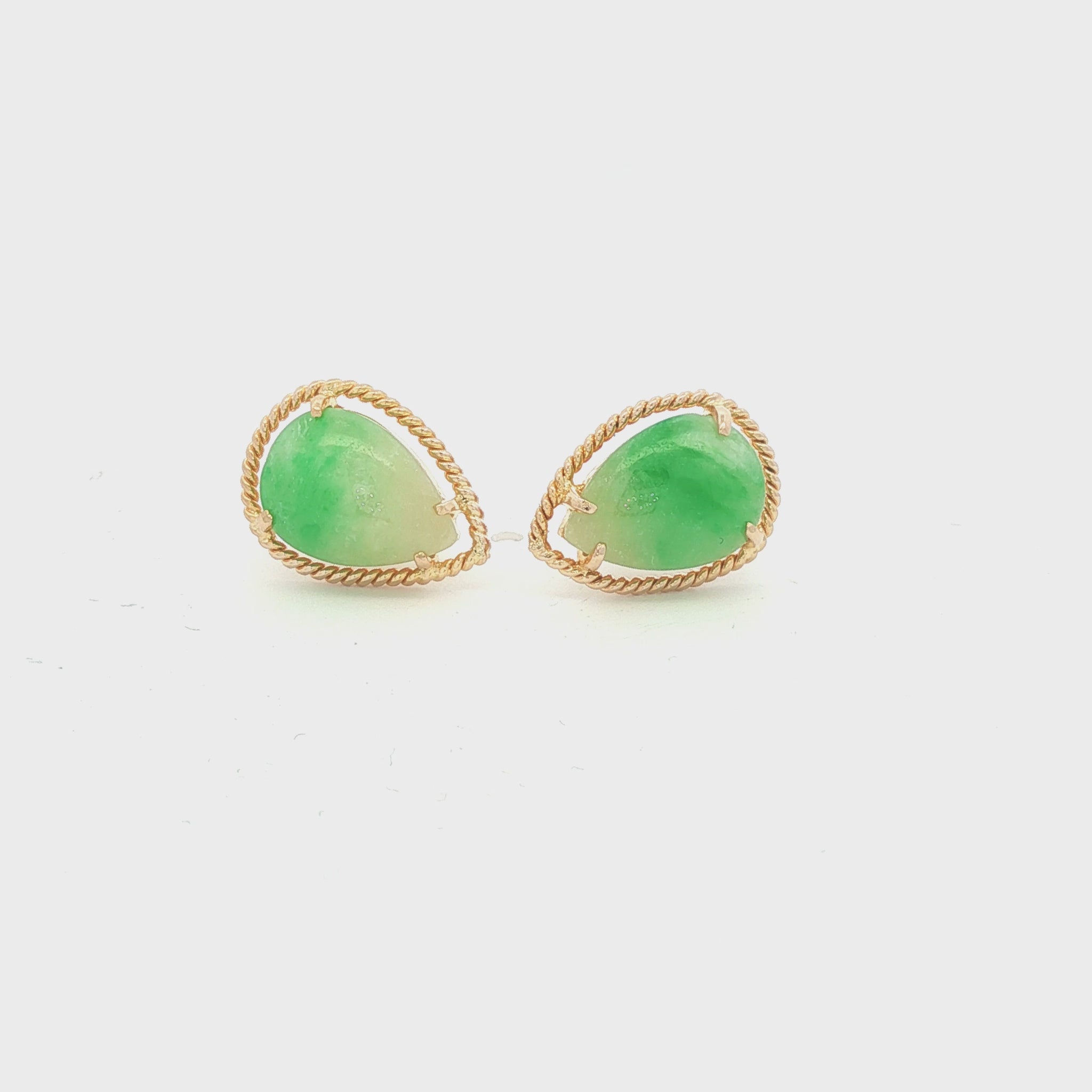 Vintage Pear Shape Jadeite 14k yellow gold Earrings with a Textured Border